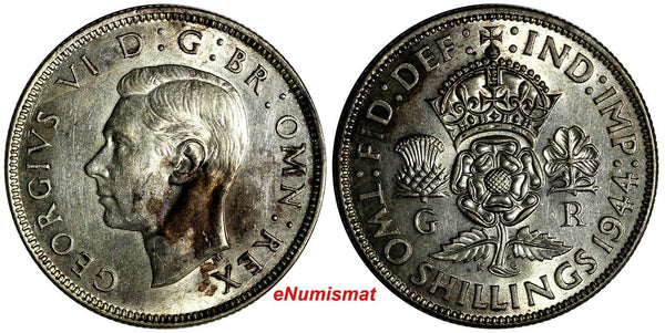 GREAT BRITAIN George VI Silver 1944 Florin / 2 Shilling WWII Issue UNC KM#855(7)