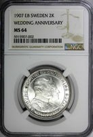 SWEDEN Silver 1907 EB 2 Kronor NGC MS64 Golden Wedding Anniversary KM# 776 (002)