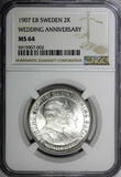 SWEDEN Silver 1907 EB 2 Kronor NGC MS64 Golden Wedding Anniversary KM# 776 (002)