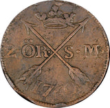 Sweden Adolf Frederick Copper 1760 2 Ore, S.M. Mintage-558,000 KM# 461 (21 348)