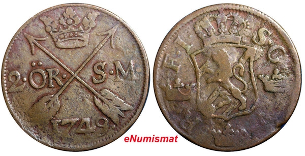 SWEDEN COPPER  Frederick I 1749 2 Ore, S.M. Struck at Avesta Mint KM# 437(2335)