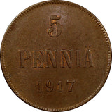 FINLAND Civil War Coinage Nicholas II 1917 5 Penniä UNC 25mm KM# 17 (22 088)