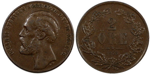 SWEDEN  Oscar II Bronze 1873 2 Ore  1 YEAR TYPE  KM# 729 (20 860)