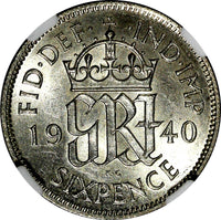 GREAT BRITAIN George VI Silver 1940 6 Pence NGC AU58  KM# 852 (216)