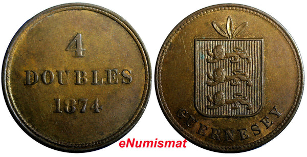 Guernsey Bronze 1874 4 Doubles aUNC Condition Toning Low Mintage-69,000 KM# 5(6)