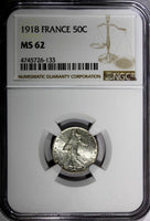 FRANCE Silver 1918 50 Centimes NGC MS62  NICE TONED KM# 854 (133)