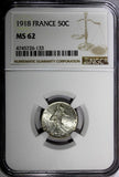 FRANCE Silver 1918 50 Centimes NGC MS62  NICE TONED KM# 854 (133)
