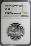 Germany - Weimar Republic Aluminum 1923 A 500 Mark NGC MS65 GEM BU KM# 36 (007)