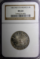 Mexico FIRST REPUBLIC Silver 1861 MO CH 2 Reales NGC MS64 NICE KM# 374.10 (06)