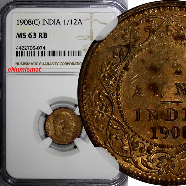 India-British Edward VII Bronze 1908 (C) 1/12 Anna NGC MS63 RB KM# 498 (074)