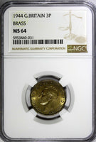 Great Britain George VI Brass 1944 3 Pence WWII Issue NGC MS64 KM# 849 (31)