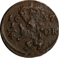 Sweden Charles X Gustav Copper 1657 1/4 Ore C.R.S SCARCE KM# 211(14551)