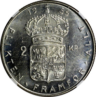 SWEDEN Gustaf VI Silver 1959 TS 2 Kronor NGC MS64 KM# 827