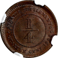 Straits Settlements Edward VII Copper 1908 1/4 Cent NGC MS62 SCARCE KM# 17