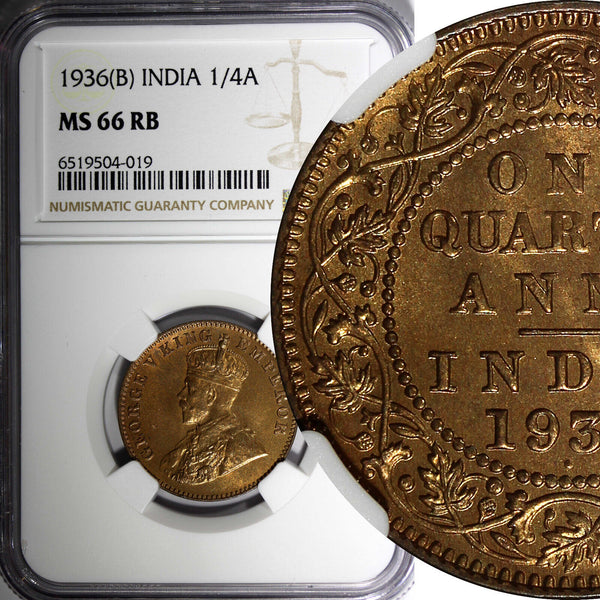 India-British George V Bronze 1936 (B) 1/4 Anna NGC MS66 RB GEM BU KM# 512 (19)