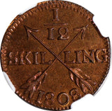 SWEDEN Gustaf IV Copper 1808 1/12 Skilling NGC MS64 RB 1 GRADED HIGHER KM563(74)