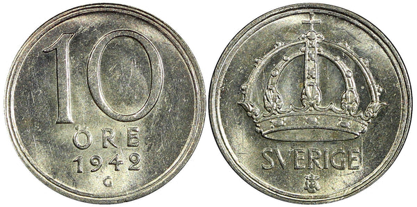 Sweden Gustaf V (1907-1950) Silver 1942 G 10 Öre UNC KM# 813 (22 071)