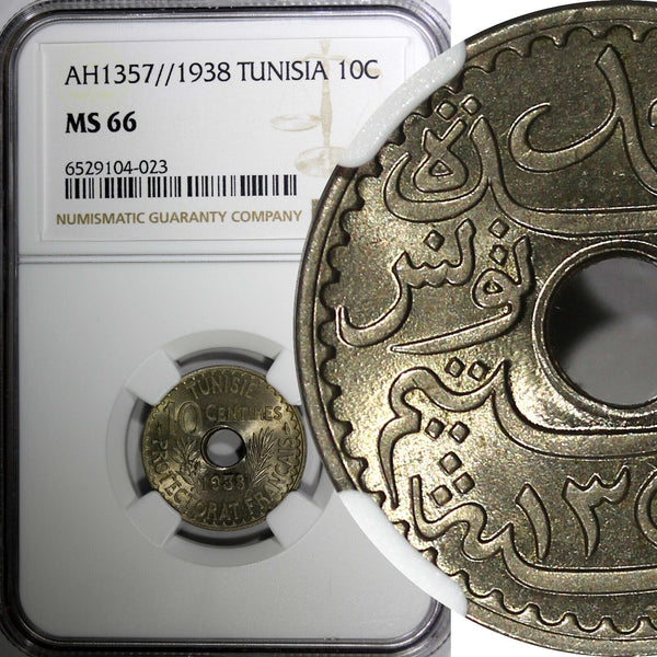 Tunisia AH1357 1938 10 Centimes  NGC MS66 GEM BU   KM# 259 (23)