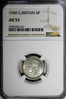 GREAT BRITAIN George VI Silver 1940 6 Pence NGC AU55  KM# 852 (217)