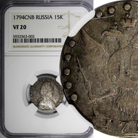 Russia Catherine II Silver 1794/3 SPB 15 Kopecks NGC VF20 TOP GRADED RARE C# 62c