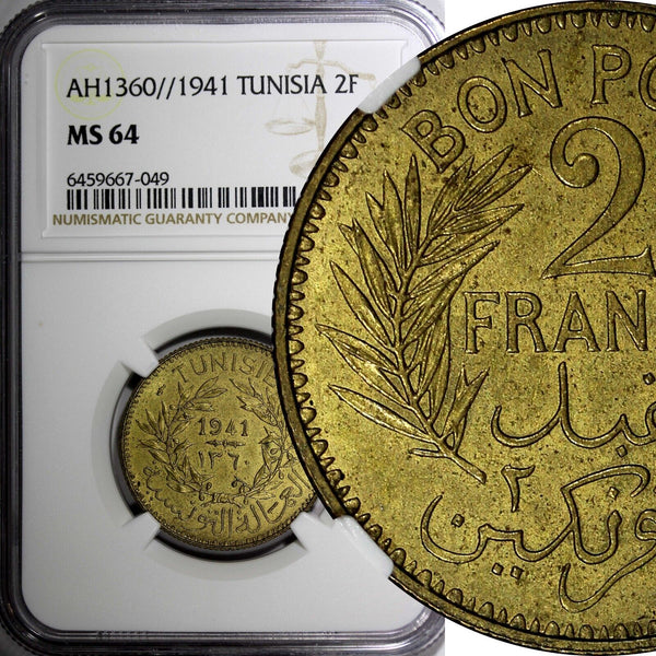 TUNISIA  Aluminum-Bronze AH1360//1941 2 Francs NGC MS64 TOP GRADED KM# 248 (49)