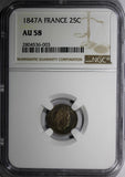 France Louis Philippe Silver 1847 A 25 Centimes NGC AU58 Nice Toned KM# 755.1