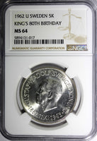 SWEDEN Silver 1962 U 5 Kronor NGC MS64 80th Birthday of Gustaf VI KM# 838 (017)