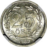 Sweden Oscar II Silver 1889 EB 25 Ore NGC MS62 Mint-422,000 RARE DATE KM# 739(7)