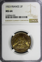 France Aluminum-Bronze 1923 2 Francs NGC MS64 French Chamber KM# 877 (033)