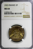 France Aluminum-Bronze 1923 2 Francs NGC MS64 French Chamber KM# 877 (033)
