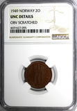 Norway Haakon VII Bronze 1949 2 Ore NGC UNC DETAILS  KM# 371