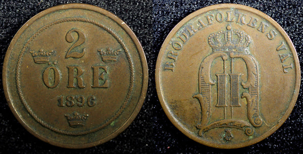 SWEDEN Oscar II Bronze 1896  2 Ore Large Letters KM# 746  (23 118)