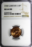 Great Britain George VI Bronze 1948 Farthing NGC MS64 RB LAST YEAR  KM# 843 (53)