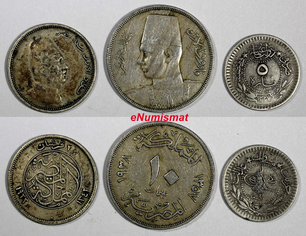 EGYPT Lot of 3 Coins 1908,1923 H,1938 10 Milliemes,2 Piastres ,2/10 Qirsh (430)