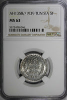 Tunisia  Silver AH1358 // 1939 5 Francs NGC MS63 Mint Luster KM# 264 (046)