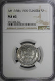 Tunisia  Silver AH1358 // 1939 5 Francs NGC MS63 Mint Luster KM# 264 (046)