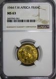 French West Africa Aluminum-Bronze 1944-L 1 Franc NGC MS63 Laureate Head KM2/061