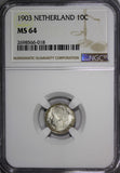 Netherlands Wilhelmina I Silver 1903 10 Cents NGC MS64 1 YEAR  SCARCE KM# 135(8)