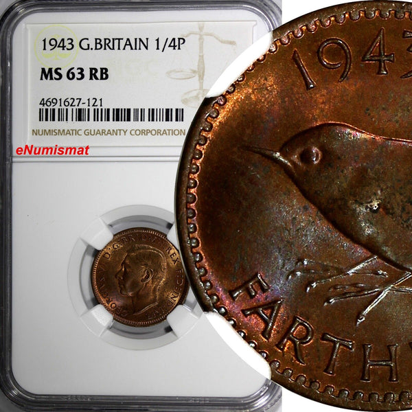 Great Britain George VI Bronze 1943 Farthing NGC MS63 RB KM# 843 (121)