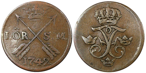 Sweden Frederick I Copper 1742 SM 1 Öre KM# 416.1 (21 230)