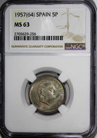 Spain Francisco Franco,Caudillo 1957(64) 5 Pesetas NGC MS63 TOP GRADED KM#786(6)