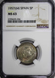 Spain Francisco Franco,Caudillo 1957(64) 5 Pesetas NGC MS63 TOP GRADED KM#786(6)