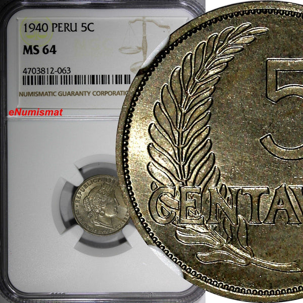 PERU Copper-Nickel 1940 5 Centavos NGC MS64 TONING TOP GRADED KM# 213.2 (063)