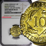 Germany-Weimar  1924-A 10 Rentenpfennig NGC MINT ERROR MS65 SCARCE KM#33 (096)