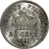 France Napoleon III Silver 1867 A 20 Centimes Paris Mint UNC KM# 808.1 (20 558)