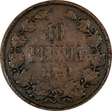 FINLAND Nicholas II Copper 1910 10 Penniä Low Mintage-241,000 RARE KM# 14