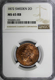 Sweden Carl XV Adolf Bronze 1872 2 Ore NGC MS65 RB TOP GRADED KM# 706 (033)