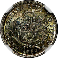 PERU Transitional Silver 1860 YB 1/2 Real NGC MS64 Toning.Luster KM# 180 (027)