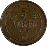 Sweden Oscar II Bronze 1895 5 Ore Large Letters Variety KM# 757 (17 913)