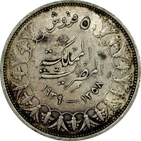 EGYPT Farouk (1936-1952) Silver AH1358 1939 5 Piastres  KM# 366 (20 919)